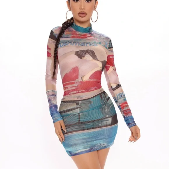fashion nova pink and blue dress Rosa Mesh Maxi Dress - Blue/combo